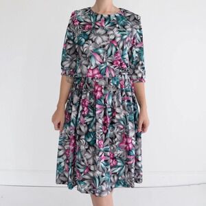 Vintage Teal, Pink  & Grey Floral Short Sleeve Midi Dress 14P